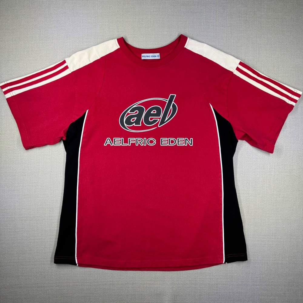 Aelfric Eden Unisex Red Black Colorblock Graphic T-Shirt Y2K Racing Style Size M